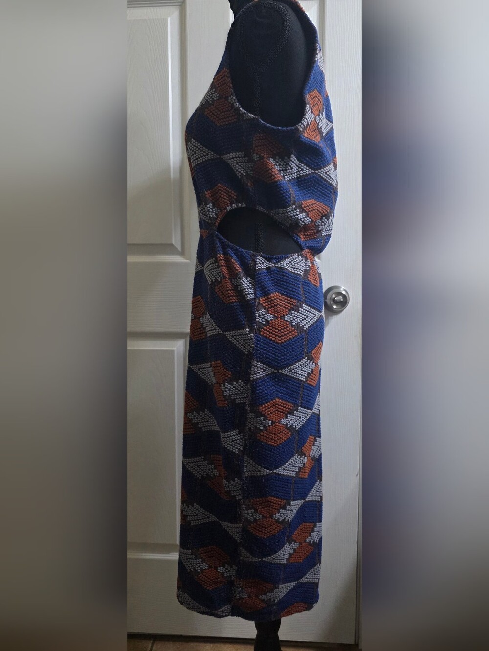 Mango Blue Geometric Midi Dress with Rust and Light Gray Accents - Picture 3 of 5